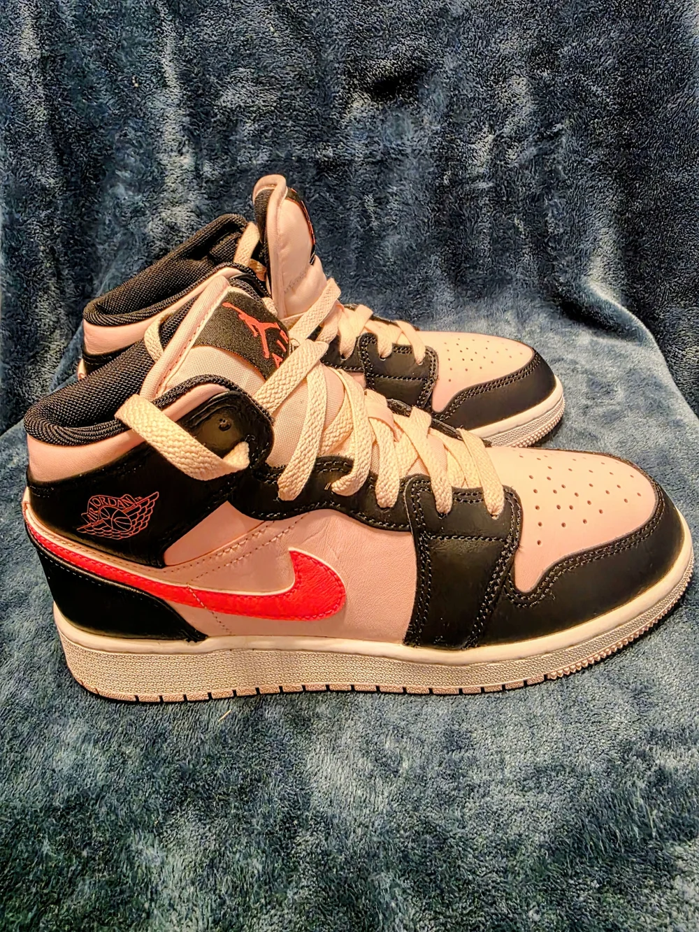 Jordan 1 Pink and Black High-Top Sneakers with Red Swoosh Size 5.5Y/Size 7 Women